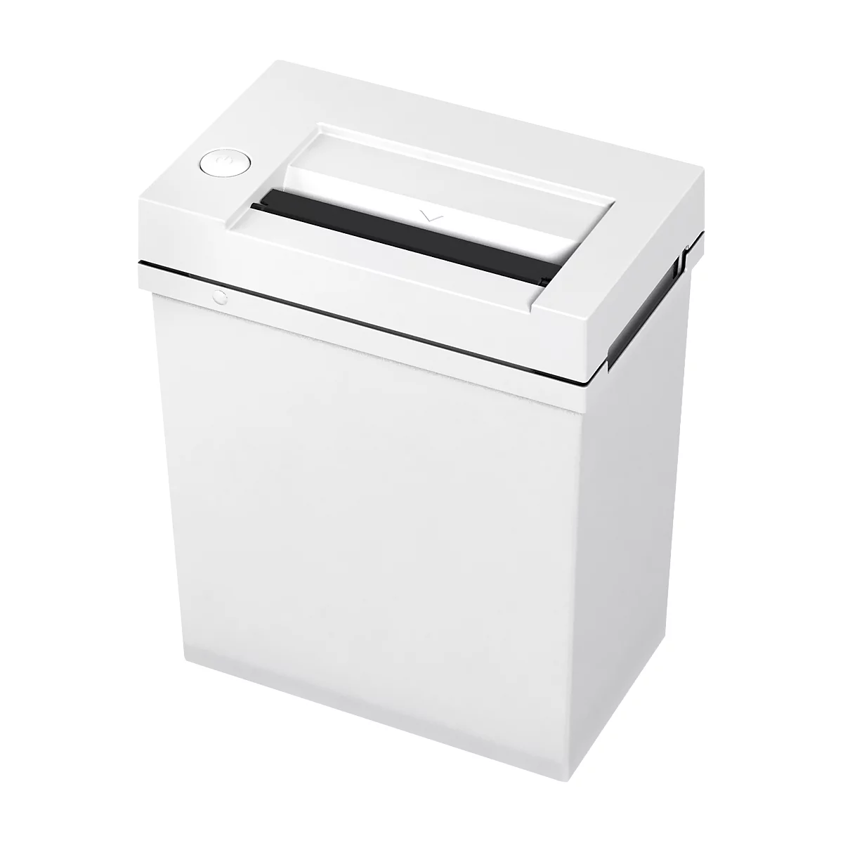 White paper shredder against a white background. On top, a black slot, next to a button.