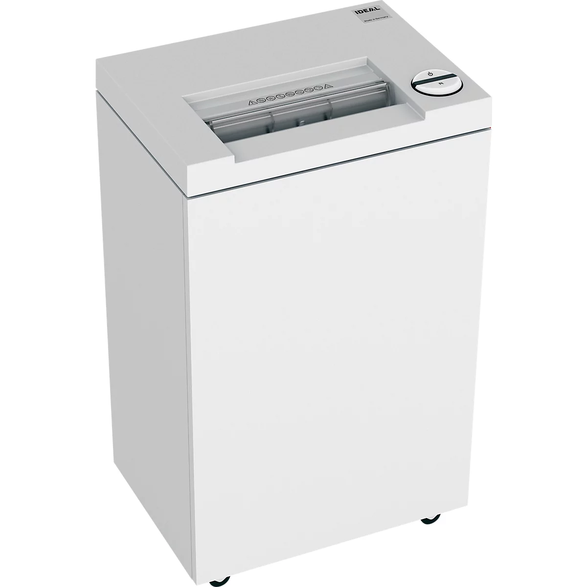 White angle paper shredder, paper feed, control panel and manufacturer's logo. Black rollers at the bottom.