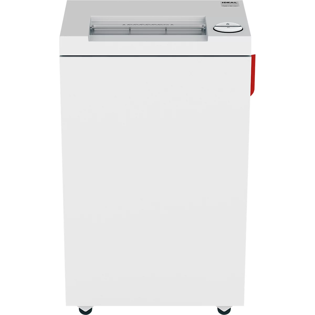 White paper shredder with paper feed, top right. A red handle on the side.