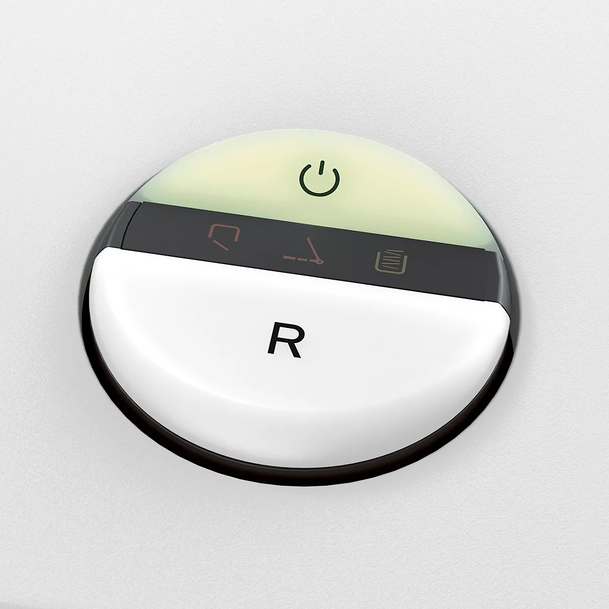 Round, white button with black symbols and the inscription R.