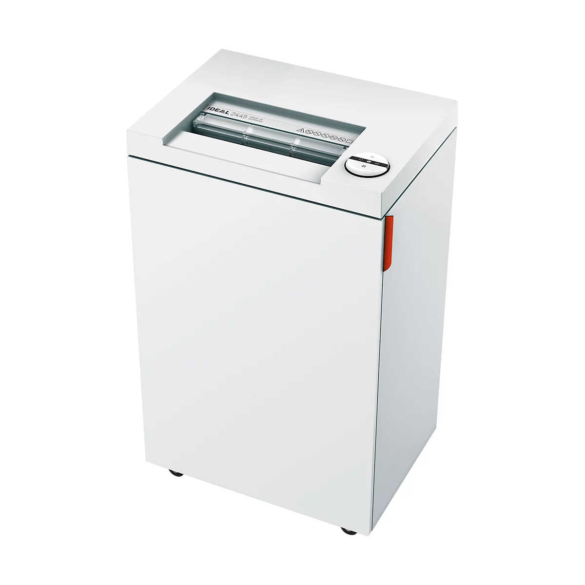 White paper shredder. Top input for paper, next to it operating buttons, red stripe on the side.