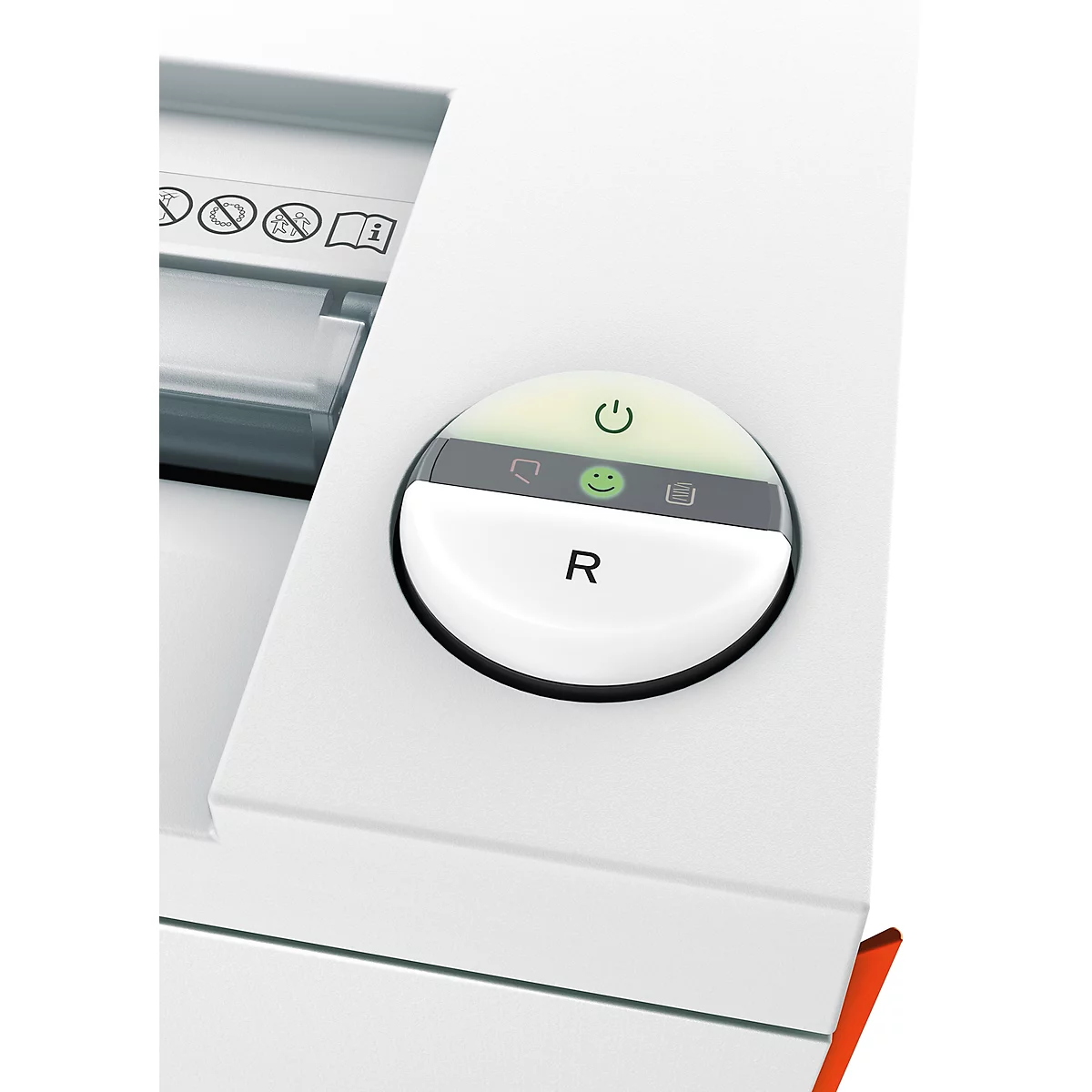 Close-up of a printer's surface. A round button with "R" and smiley symbol. At the top are power and paper symbols.