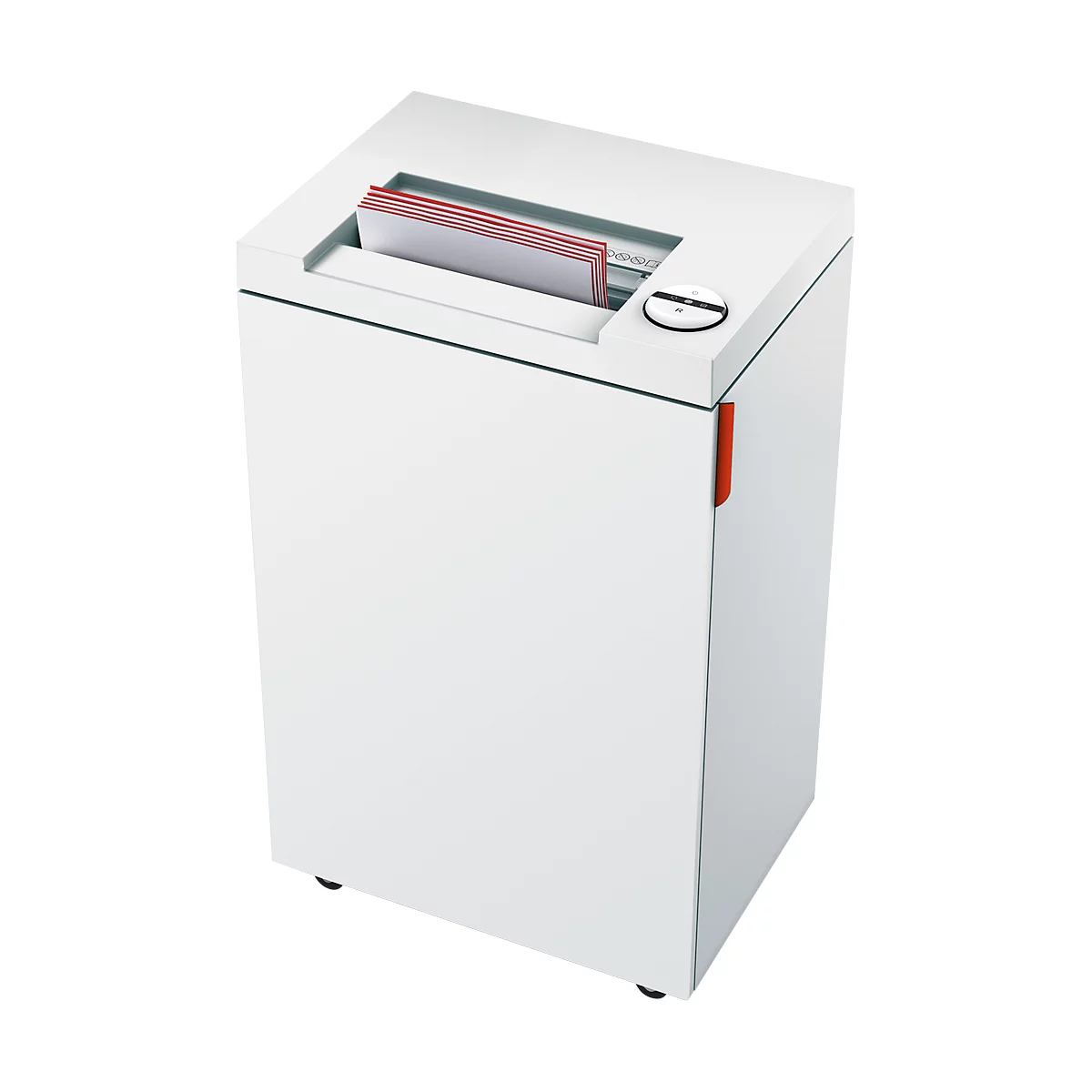 White paper shredder. Papers are being fed into the slot, red edge visible. Small, round button, red handle.