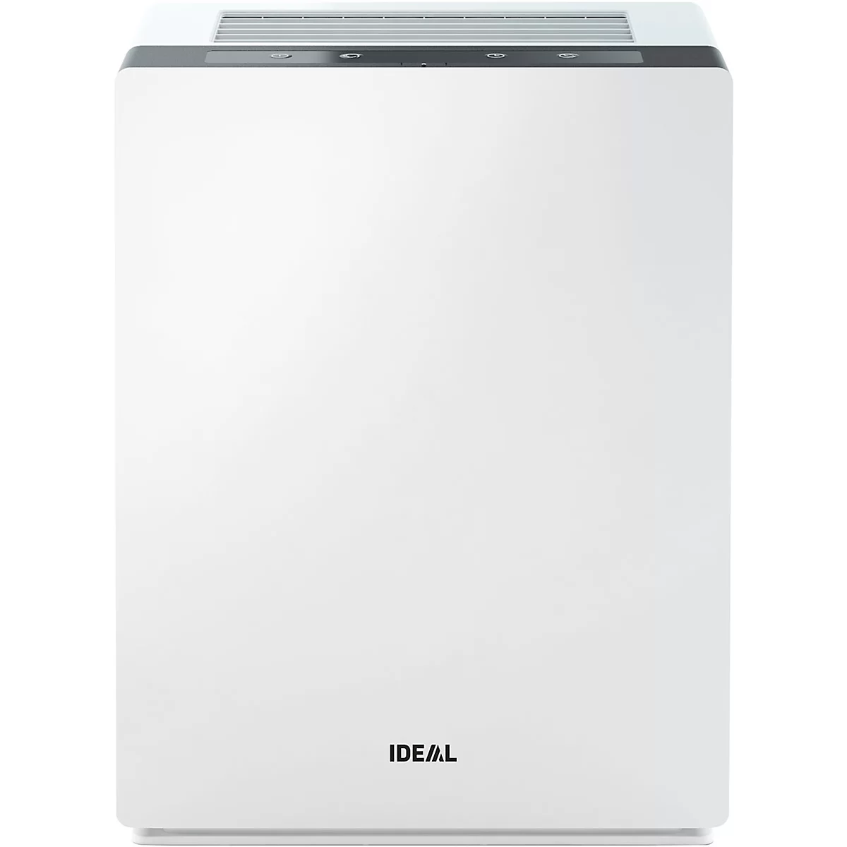 White air purifier with the inscription IDEAL. Black stripe with controls on the top.