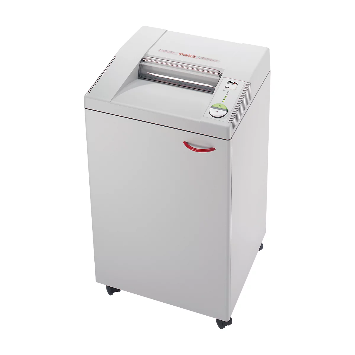 A white shredder, the brand IDEAL. The feed opening is at the top. A red handle on the side.