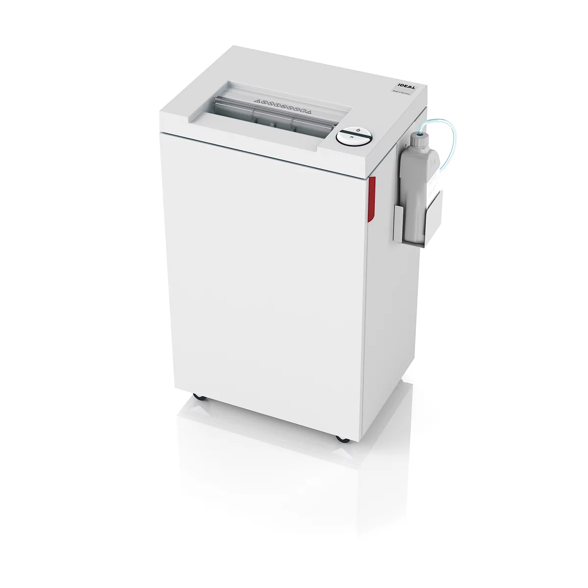 Witte papierversnipperaar. Papierinvoer aan de bovenkant, opvangbak onderaan. Oliesysteem aan de zijkant.