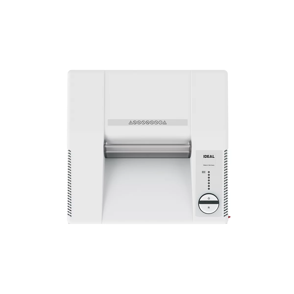 Bovenaanzicht van een witte papierversnipperaar met een zilveren rol. Rechts is een bedieningspaneel met de merknaam IDEAL zichtbaar.