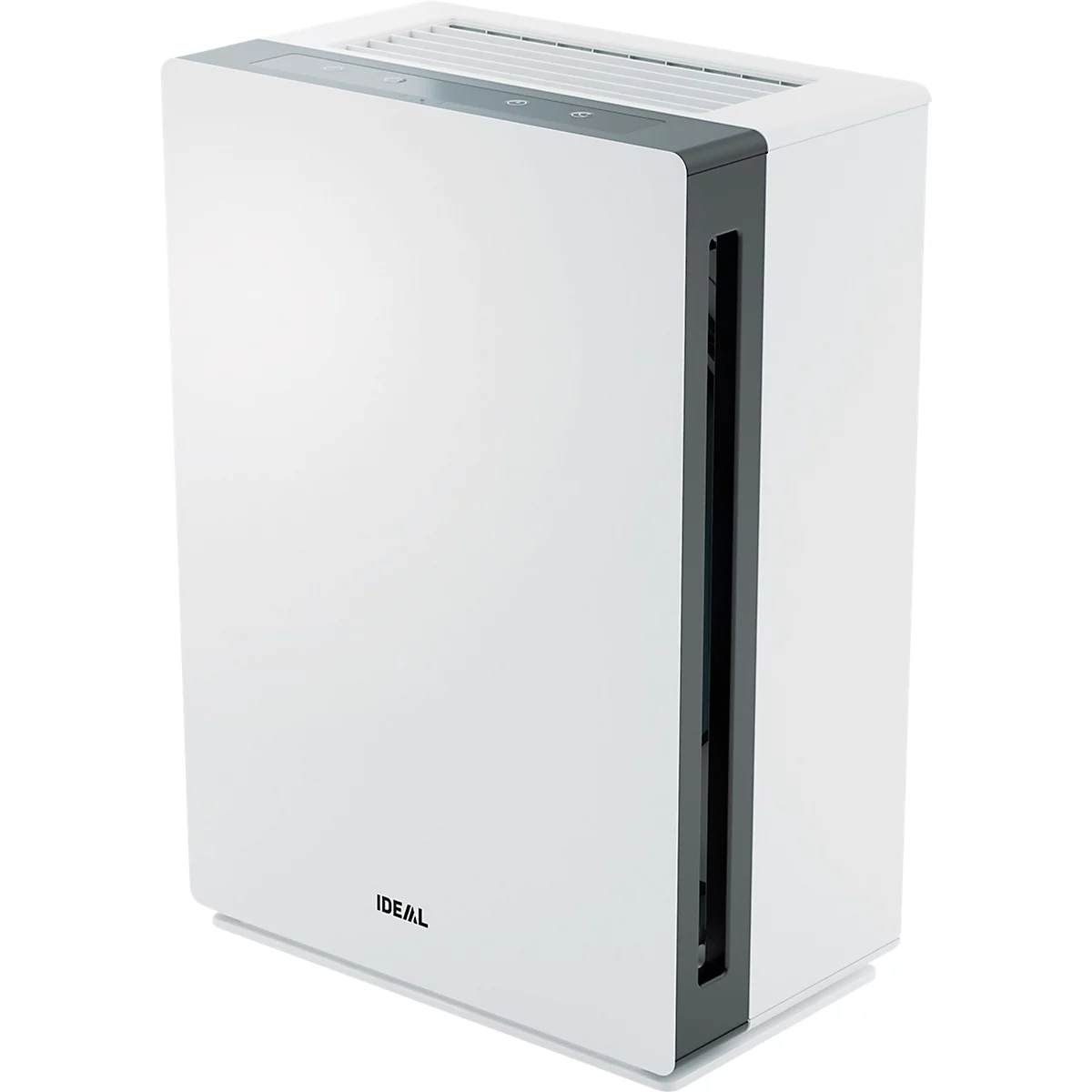 Purificateur d'air blanc avec des accents gris et l'inscription "IDEAL".