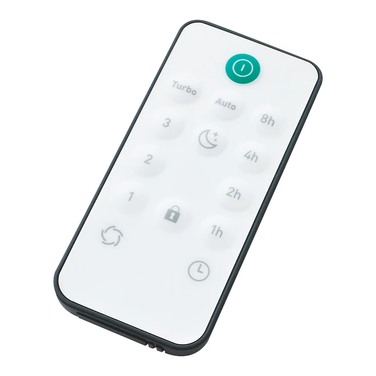 Télécommande blanche avec boutons ronds, interrupteur marche/arrêt et diverses fonctions.