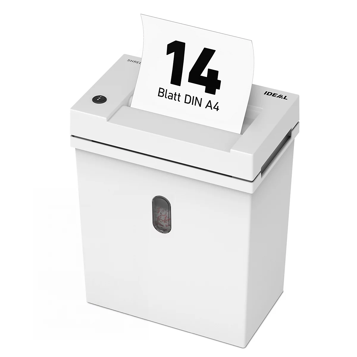Witte papierversnipperaar, een vel papier met het nummer 14 en de tekst "Blatt DIN A4" wordt versnipperd.