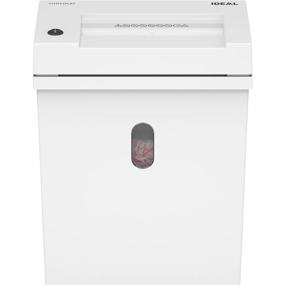 Witte papierversnipperaar, bovenaan met invoersleuf, onderaan met kijkvenster voor papierresten.