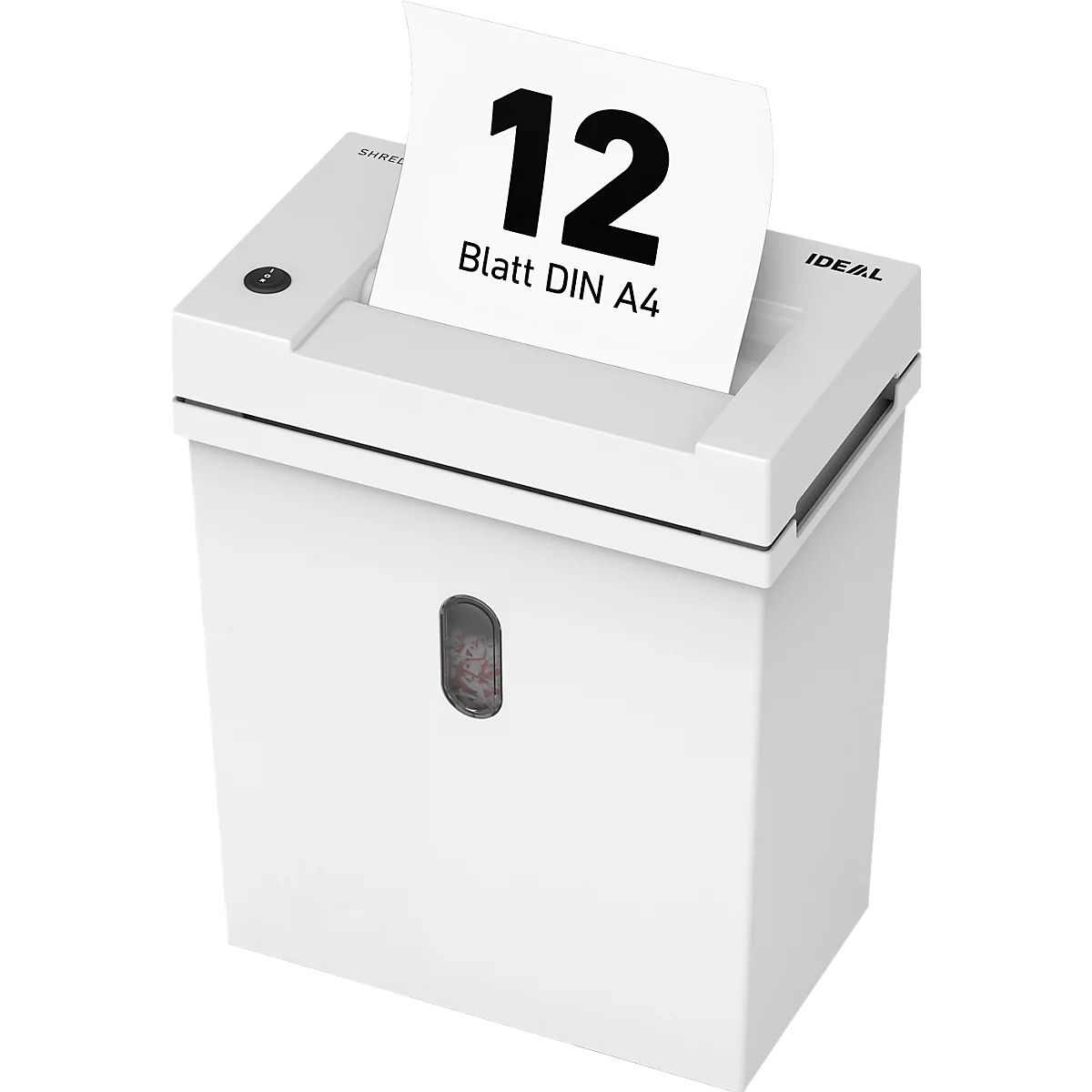 Witte papierversnipperaar, een vel papier met de tekst "12 Blatt DIN A4" wordt ingevoerd.