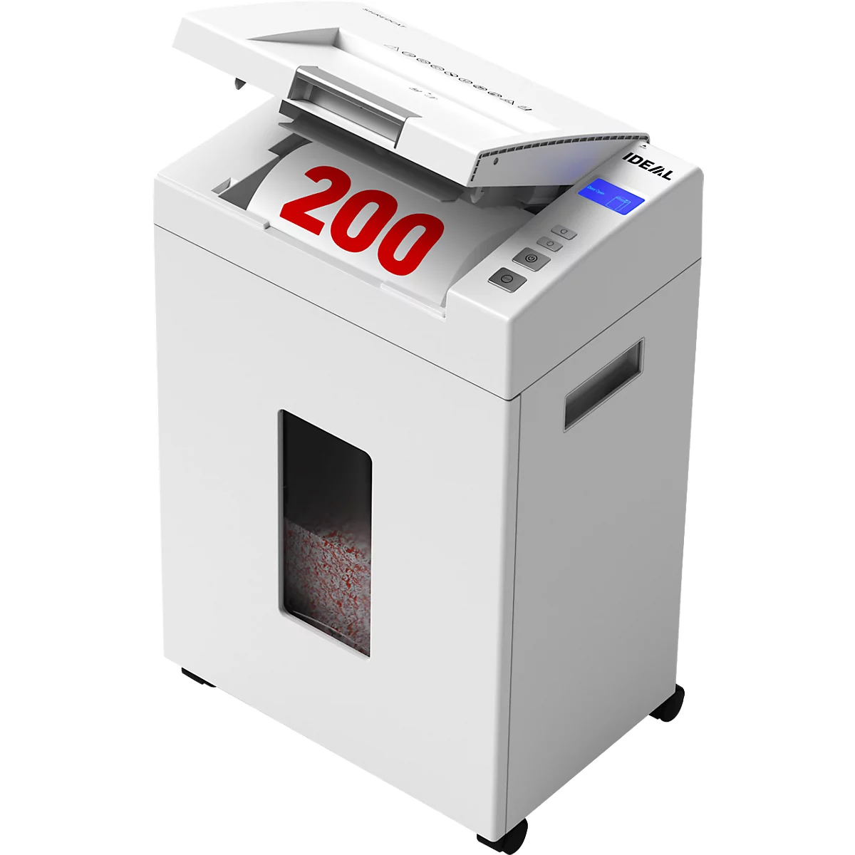 Witte papierversnipperaar, boven open. Op papieren rol rood: 200. IDEAL-letters rechts.