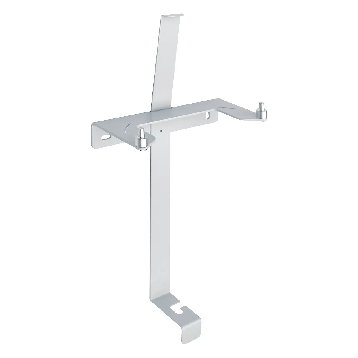 Metal bracket, white, with angles and screws.