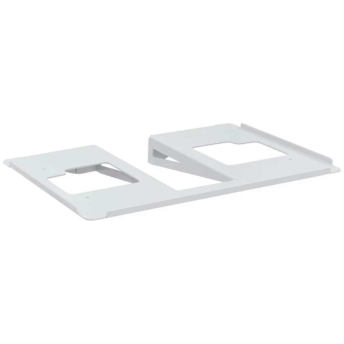 Two white, rectangular plastic parts with rectangular cutouts.