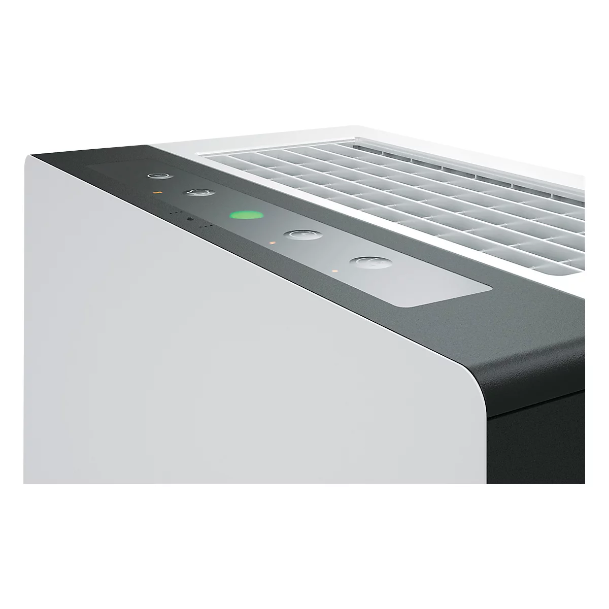 Detail van een witte luchtreiniger met bedieningsknoppen en een groen controlelampje.