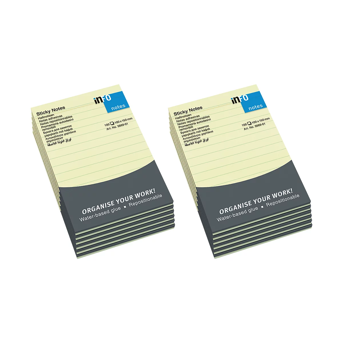 Twee stapels gele plaknotities met blauwe en grijze accenten. Gedrukte tekst: "Sticky Notes" en "Organise your work!".