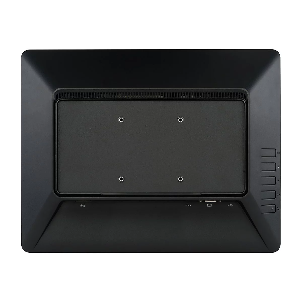 Arrière d'un écran noir, avec une zone de montage centrale, des ports et des commandes.