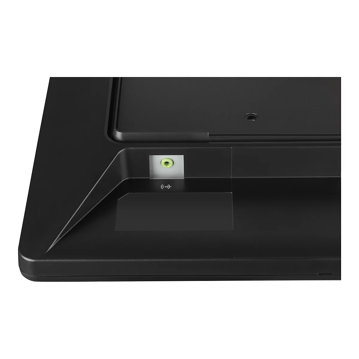 Gros plan de l'arrière d'un écran noir. Un port vert et un symbole sont visibles.