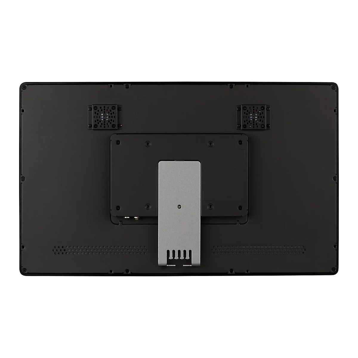 Dos d'un écran noir avec des orifices de refroidissement, un support et des vis.