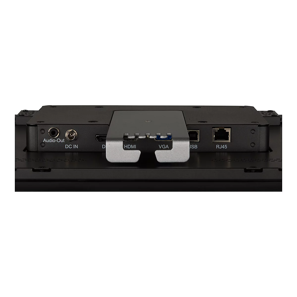 Gros plan de l'arrière d'un appareil électronique noir. Ports étiquetés Audio-Out, DC IN, D, HDMI, VGA, USB, RJ45.
