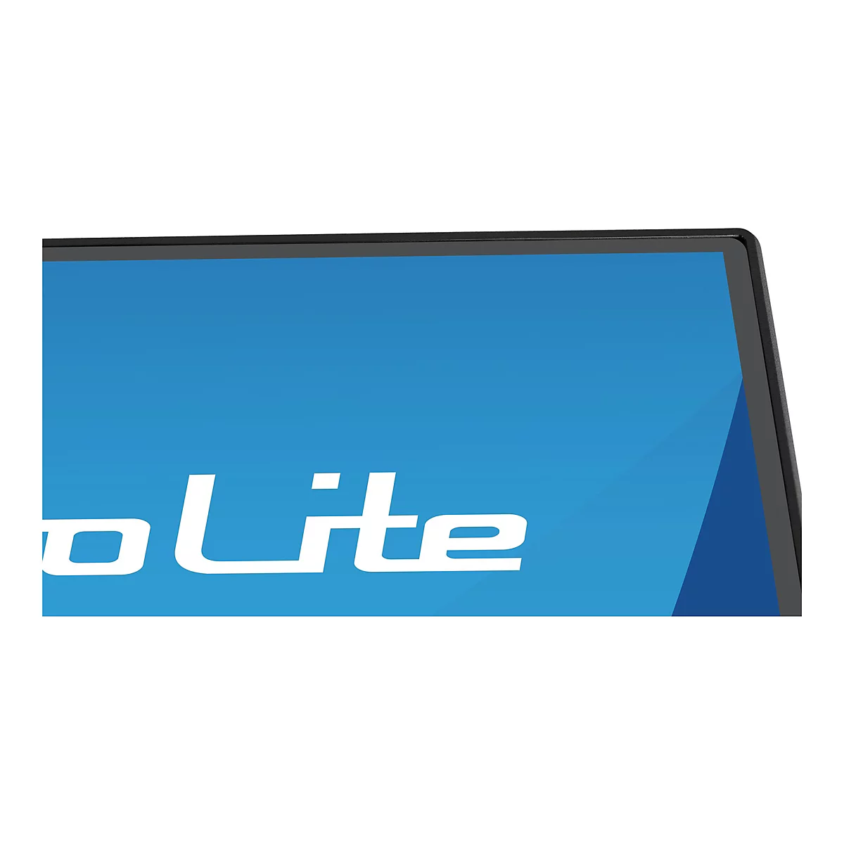 Gros plan d'un écran avec un fond bleu et l'inscription blanche "o Lite".