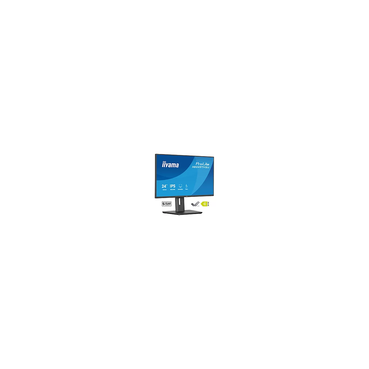 Un moniteur iiyama ProLite XB2497H5U noir avec un fond bleu. Spécifications techniques: 24" IPS, résolution 1920x1080, 75Hz, 5 ans de garantie et efficacité énergétique C.