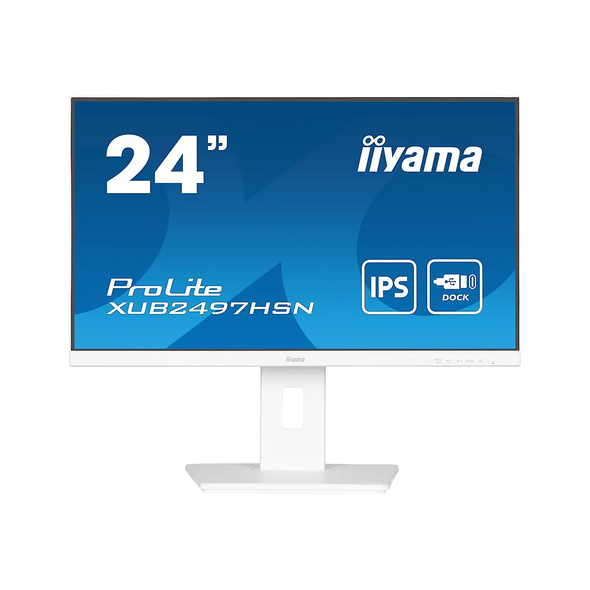 Moniteur blanc avec un fond bleu. L'écran indique 24", iiyama, ProLite, XUB2497HSN, IPS, Dock.