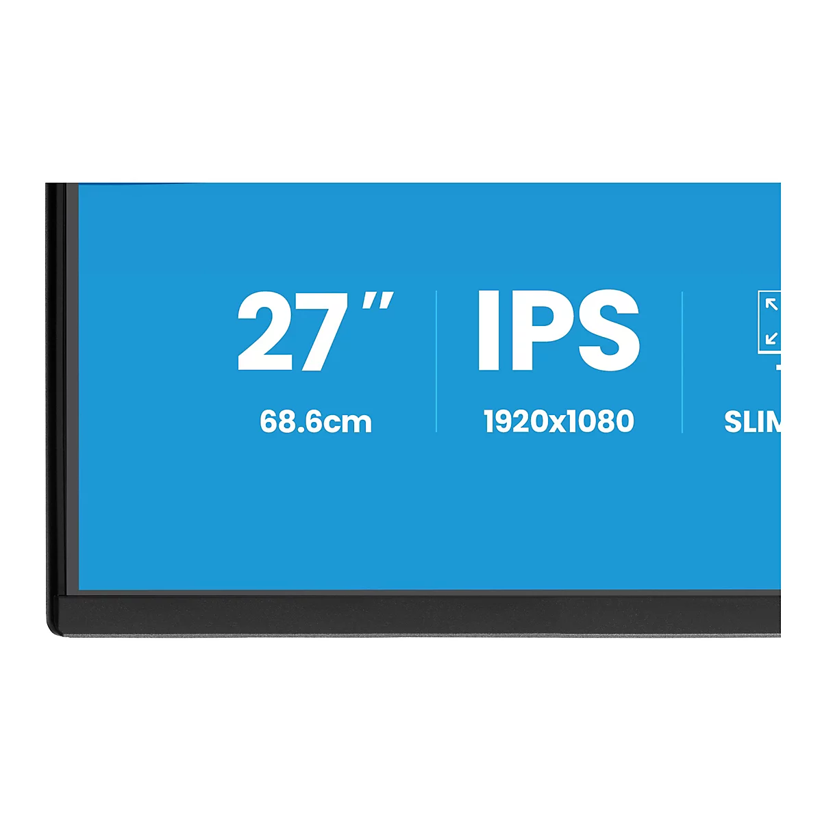 Un moniteur de 27 pouces avec un écran bleu affichant les spécifications techniques : IPS, résolution 1920x1080, 68,6 cm.