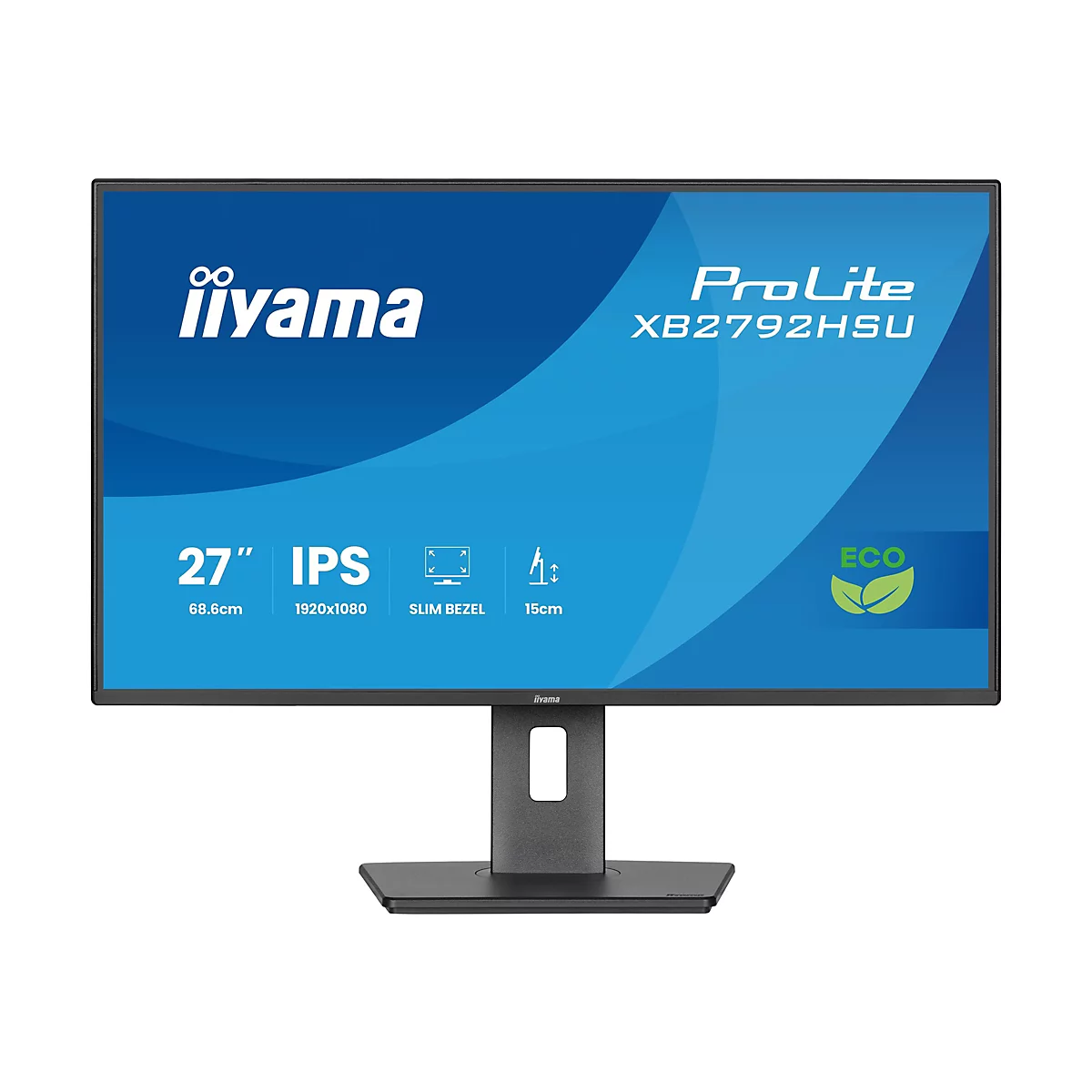 Un moniteur noir avec "iiyama ProLite XB2792HSU". En dessous, des détails comme 27", IPS et Slim Bezel. Le produit a un pied noir.