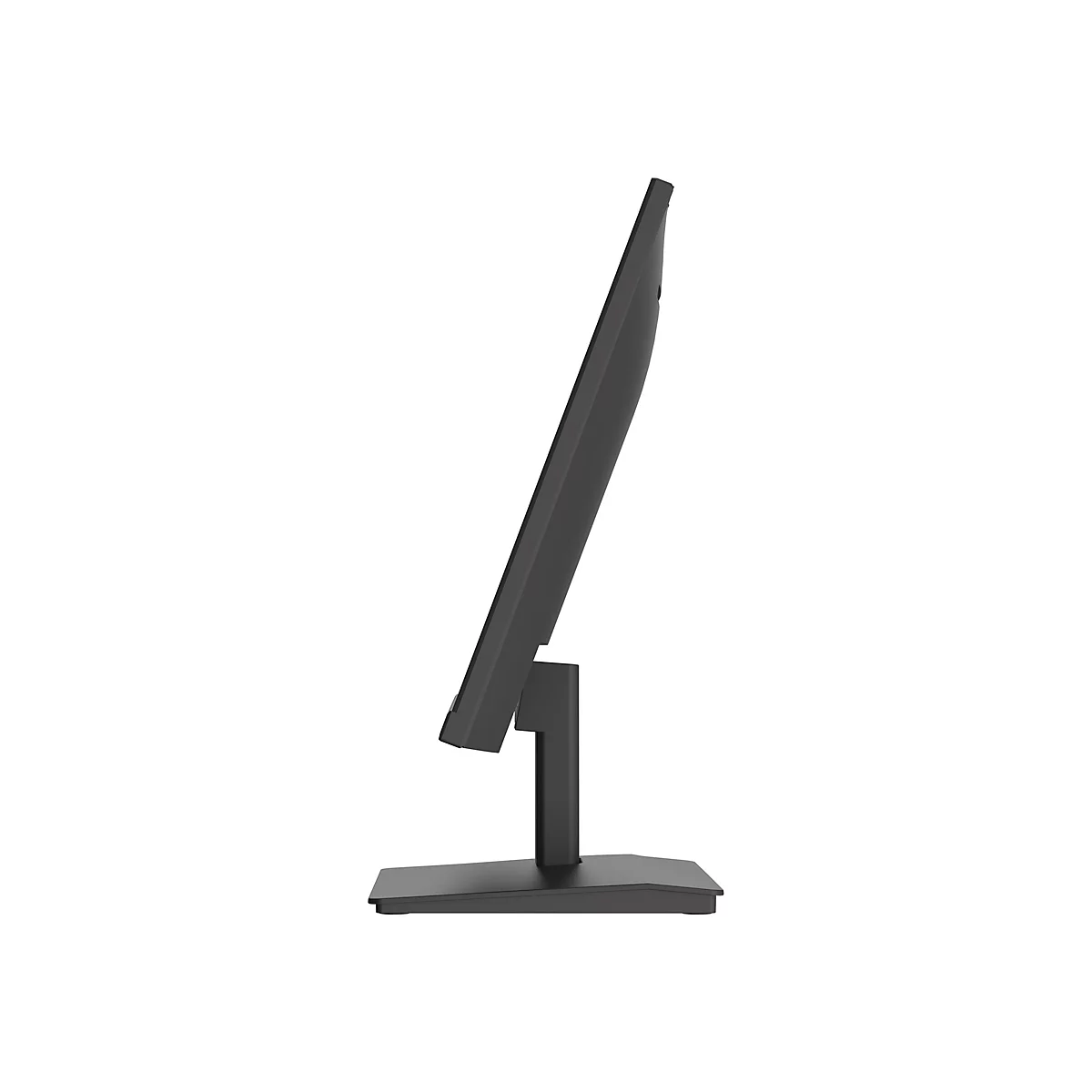 Moniteur noir de profil, avec pied, sur fond blanc.