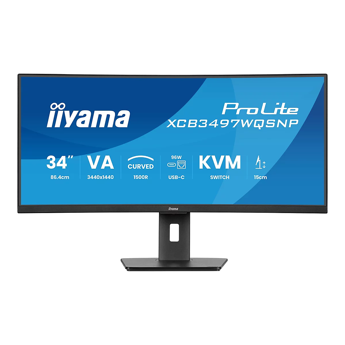 Un moniteur iiyama ProLite noir incurvé. Des informations sont visibles sur l'écran.