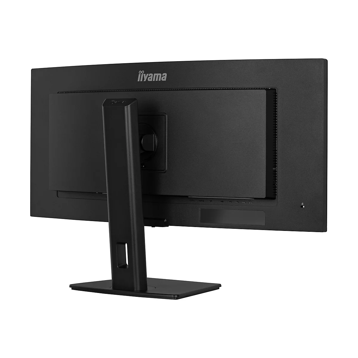 Vue arrière d'un moniteur iiyama noir posé sur un fond blanc. Le moniteur est fixé à un support portant le logo iiyama.