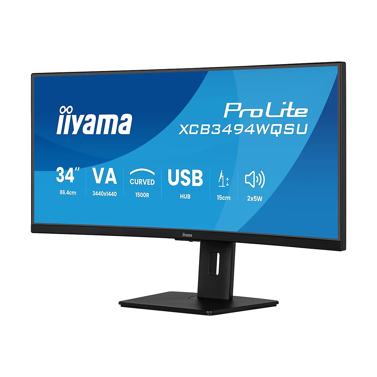 Un moniteur iiyama ProLite XCB3494WQSU incurvé noir. Il a un socle noir et un fond d'écran bleu avec du texte blanc.
