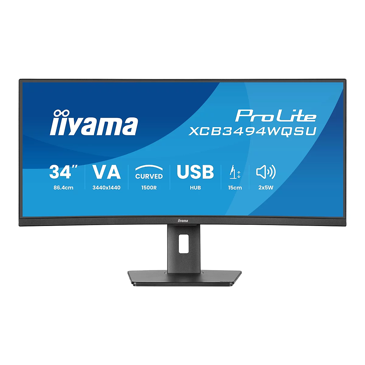 Un moniteur incurvé iiyama ProLite avec les spécifications 34 pouces, VA, USB, 86,4 cm, 3440x1440, 1500R et 2x5W.