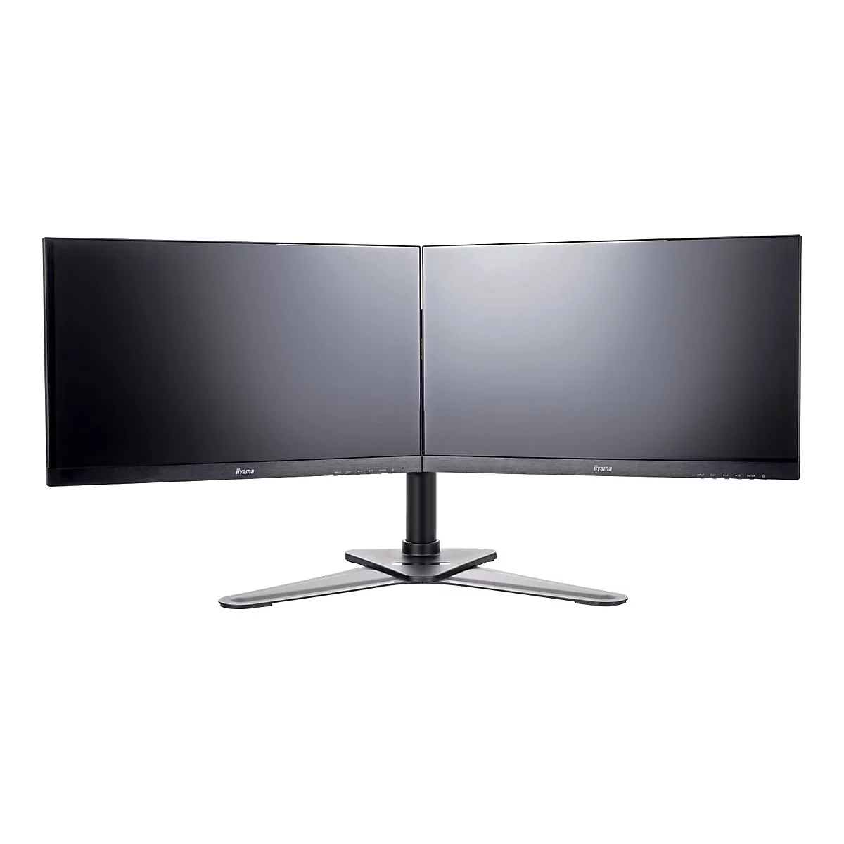 Zwei gebogene Monitore, verbunden durch einen Standfuß, vor weißem Hintergrund. Jeder Monitor hat das Logo „iiyama“.