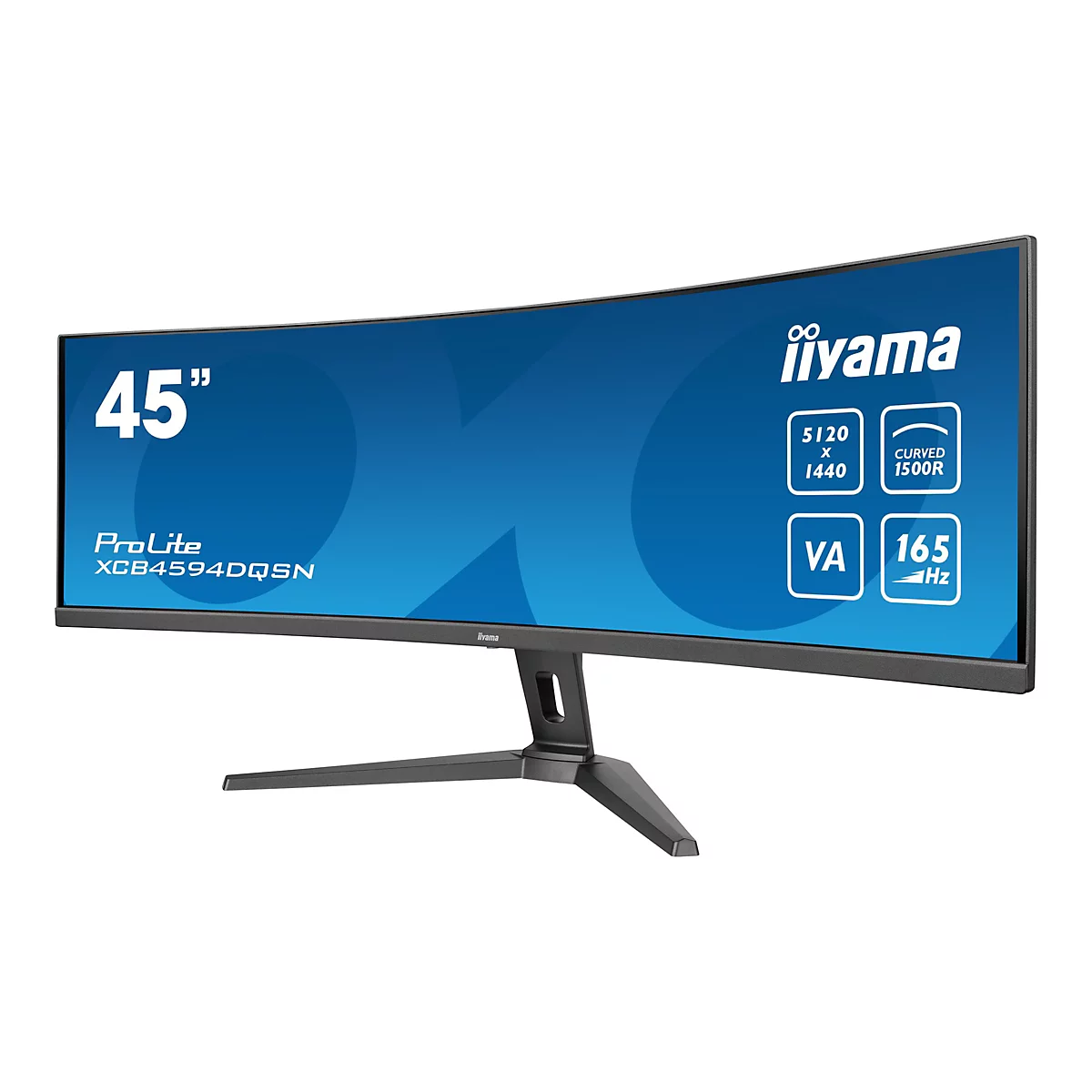 Un moniteur incurvé de 45 pouces avec un écran bleu, fabriqué par iiyama. Le moniteur a une résolution de 5120 x 1440 et un taux de rafraîchissement de 165 Hz.