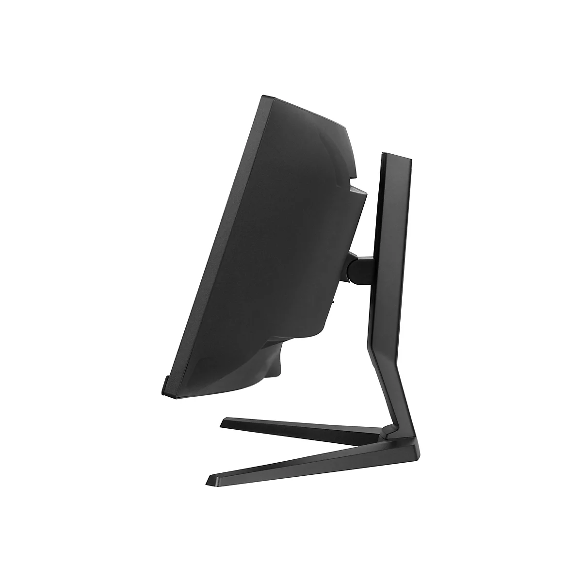 Moniteur noir de profil, avec support. L'écran est légèrement incliné.