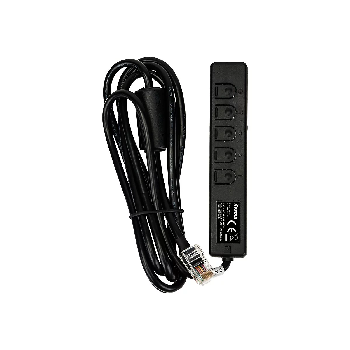 Schwarze Steuerung mit Kabel und RJ45-Stecker, Markenlogo und CE-Zeichen, vor weißem Hintergrund.