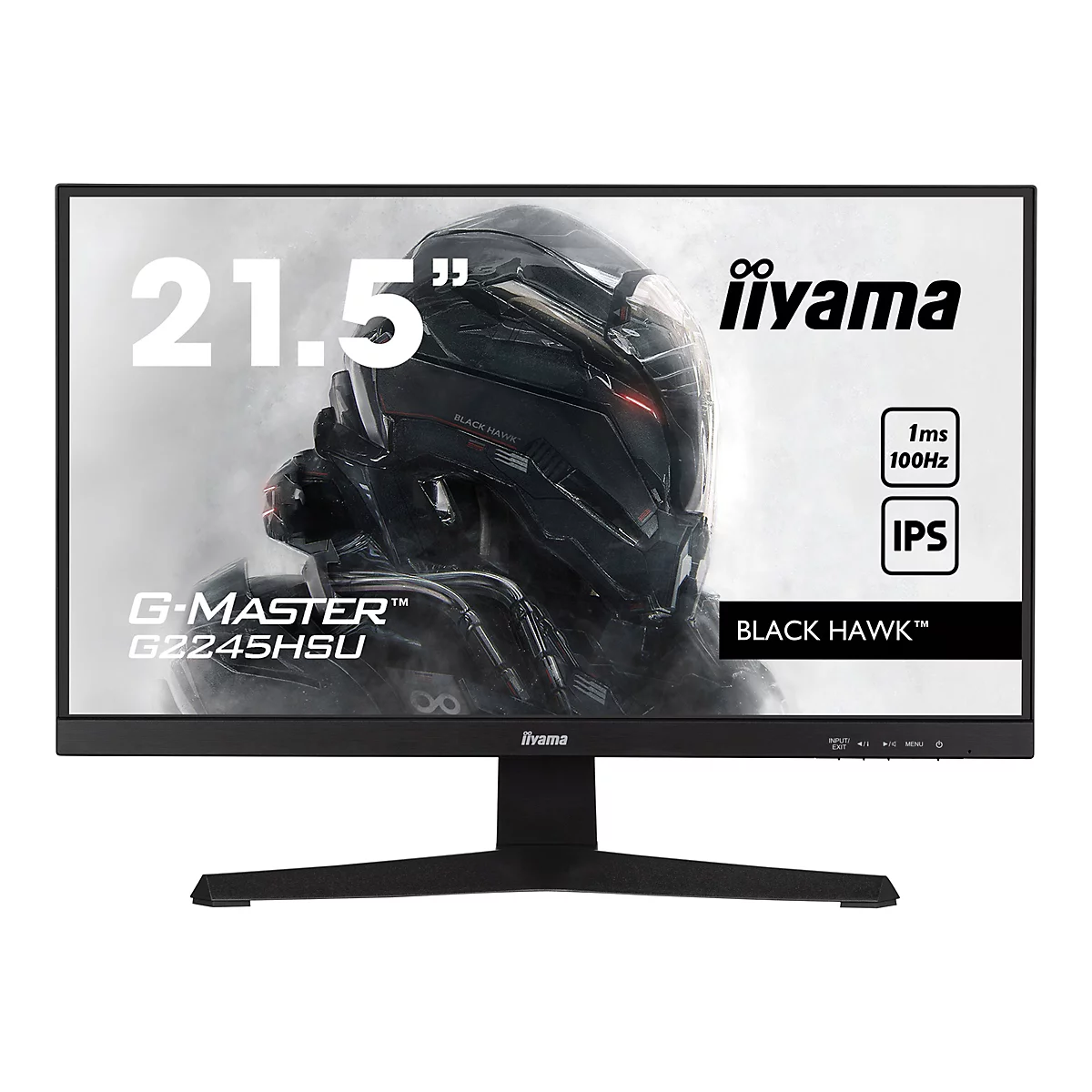 Schwarzer iiyama-Monitor mit 21,5-Zoll-Bildschirm, der G-MASTER Black Hawk anzeigt.
