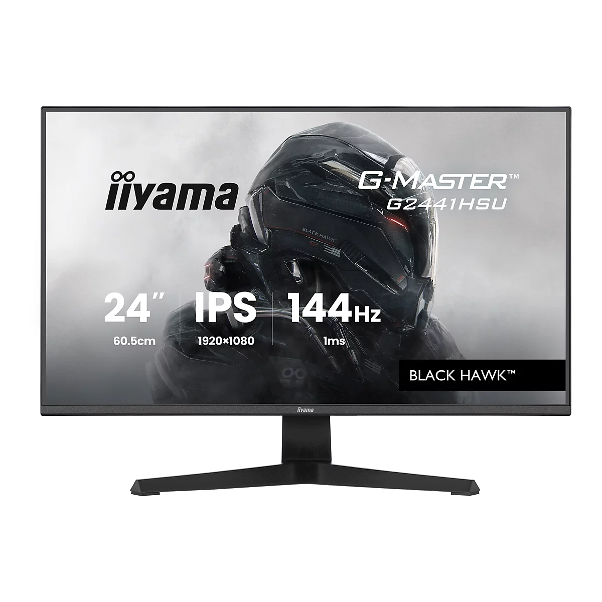 Ein schwarzer iiyama G-MASTER G2441HSU Monitor mit Branding, der vor einem dunklen Hintergrund abgebildet ist. Der Monitor zeigt Informationen wie Größe, Auflösung und Bildwiederholfrequenz.