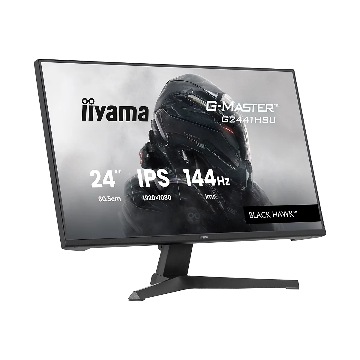 Ein schwarzer iiyama G-Master Monitor, der vor weißem Hintergrund steht. Auf dem Bildschirm sind Informationen zu sehen: 24", IPS, 144Hz, 60,5cm, 1920x1080, 1ms. Auf dem Bildschirm ist ein Helm-Design zu sehen.