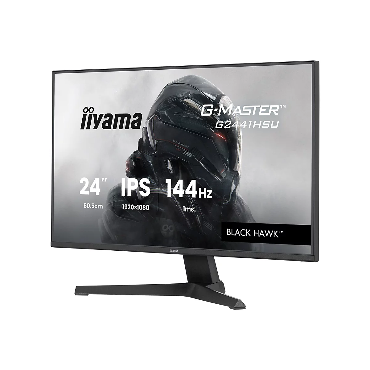 Der iiyama G-Master G2441HSU Monitor wird im 3/4 Winkel vor weißem Hintergrund gezeigt. Er hat eine Diagonale von 24 Zoll, IPS, 144 Hz und 1ms.