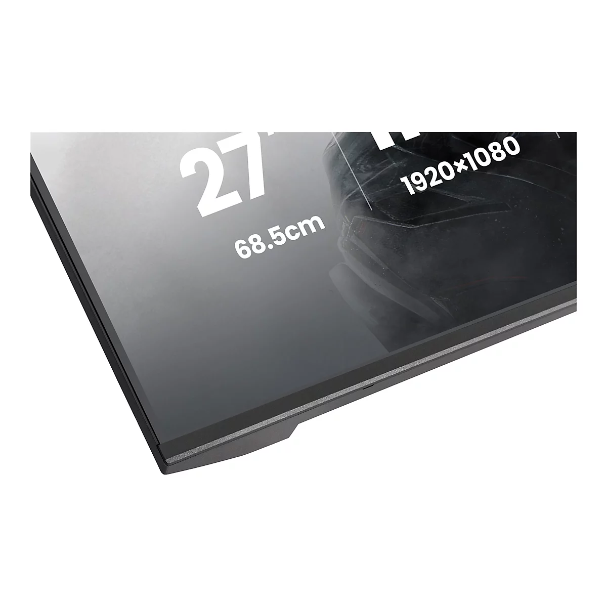 Nahaufnahme eines schwarzen 27-Zoll-Monitors mit den Angaben 1920x1080 und 68,5cm.
