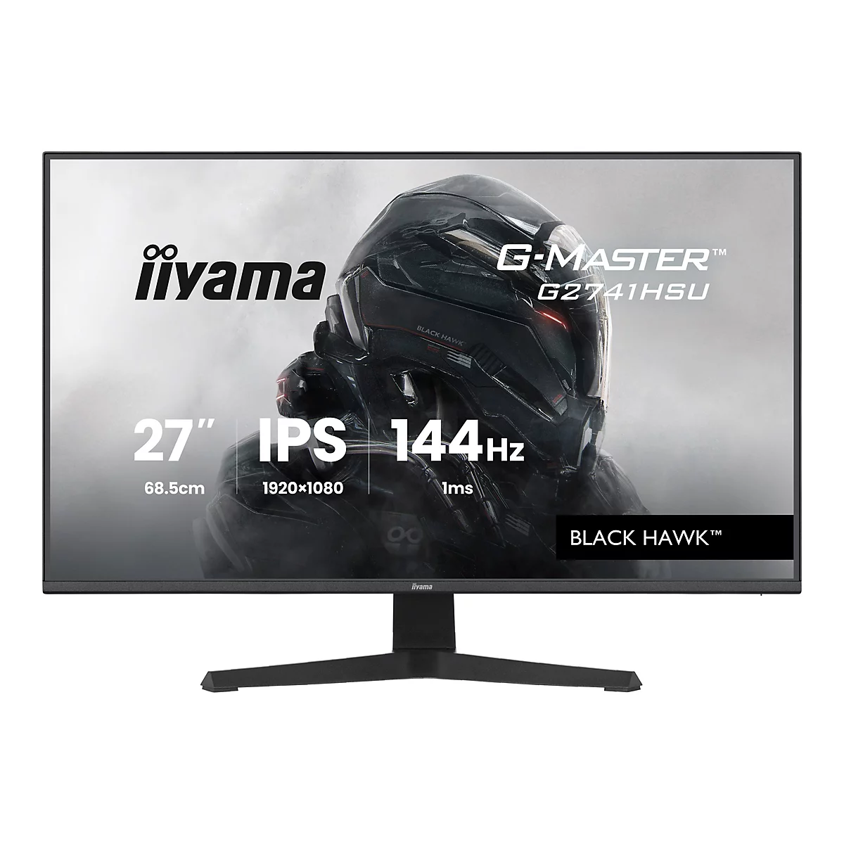 Ein schwarzer iiyama G-MASTER G2741HSU Monitor mit dem Titel "BLACK HAWK". Auf dem Bildschirm ist ein düsteres Bild eines Roboterkopfes zu sehen.