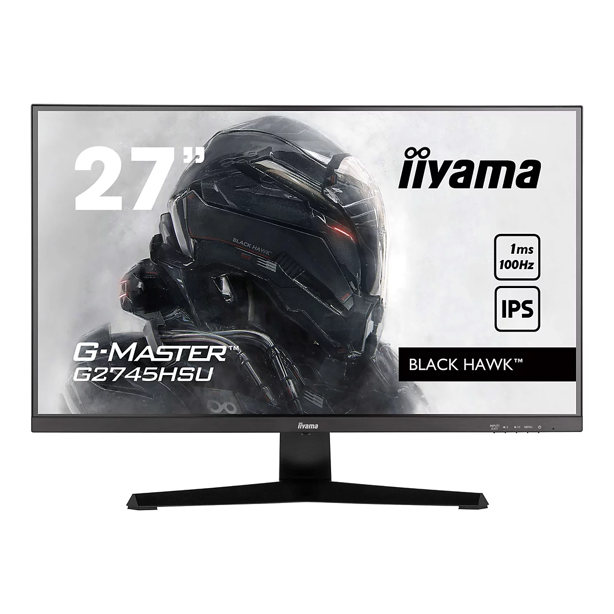 Schwarzer iiyama G-Master Monitor, 27 Zoll, mit Black Hawk Grafik. Auf dem Monitor Schriftzüge wie "1ms 100Hz IPS" und "G2745HSU".