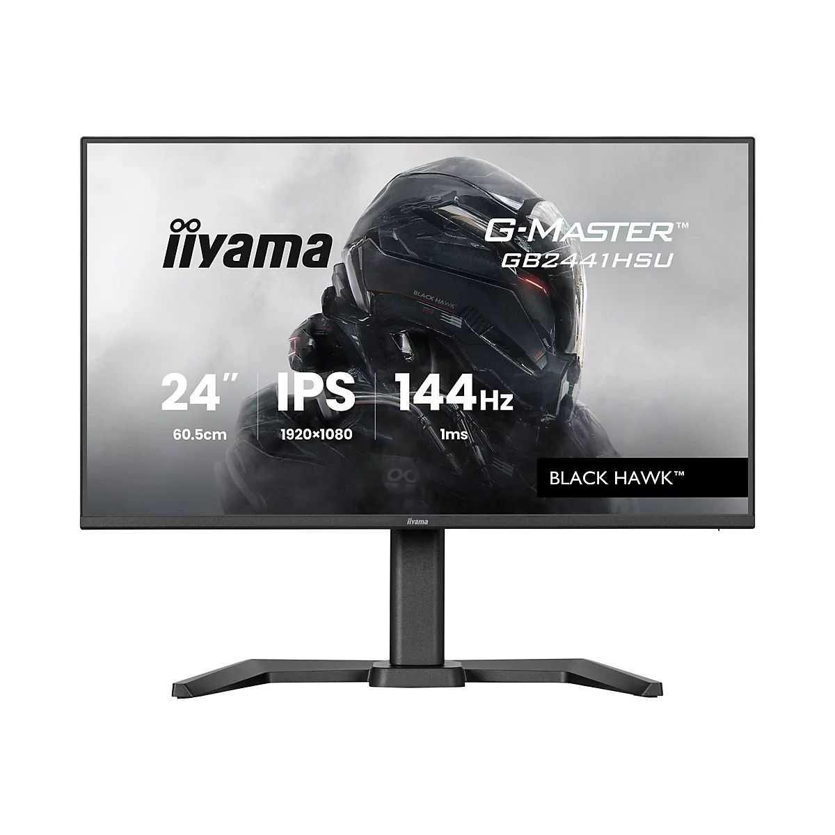 Un moniteur iiyama noir avec une représentation d'une tête de robot noire. L'écran affiche les lettres "G-MASTER", "24", "IPS", "144Hz" et "BLACK HAWK".