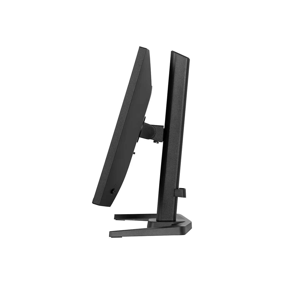 Vue de côté d'un moniteur noir avec support. L'écran est légèrement incliné, montrant une surface mate. Le support a une base rectangulaire.