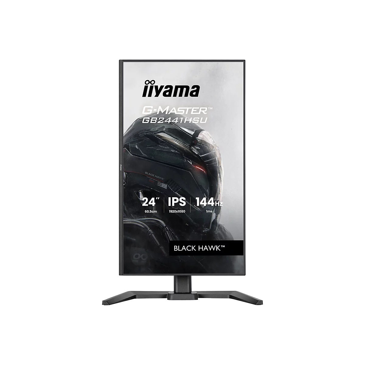 Ein schwarzer iiyama G-Master Monitor, Modell GB2441HSU, mit 'Black Hawk'-Design und technischen Angaben: 24 Zoll, IPS, 144Hz.