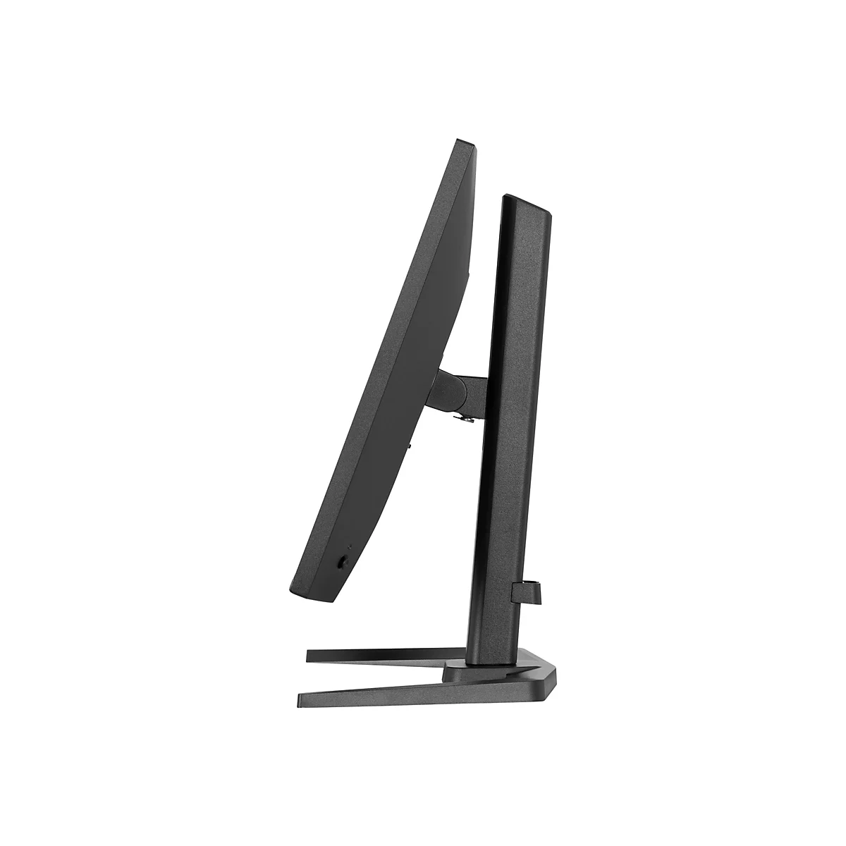 Schwarzer Monitor im Profil, mit Standfuß.
